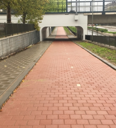 Schiedam, Station Nieuwland, dubbelklinkers rood, betontegels 30x30 en trottoirbanden